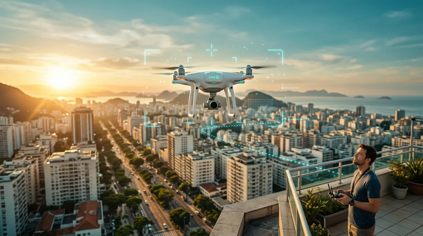 Drone sobrevoando a cidade ao pôr do sol, com o piloto no terraço de um prédio
