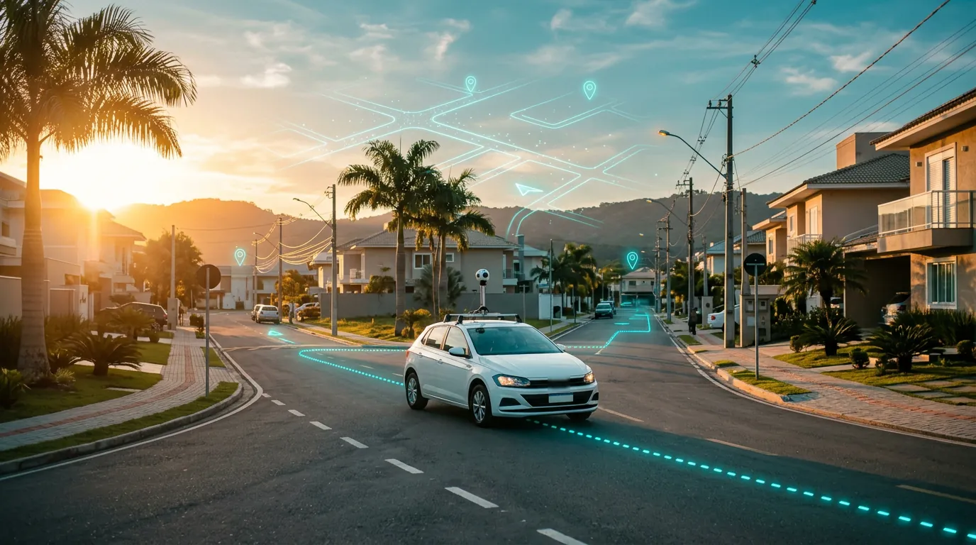 Carro com câmera 360° no teto mapeando as ruas de um bairro novo, com o traçado do mapa desenhado sobre a cidade