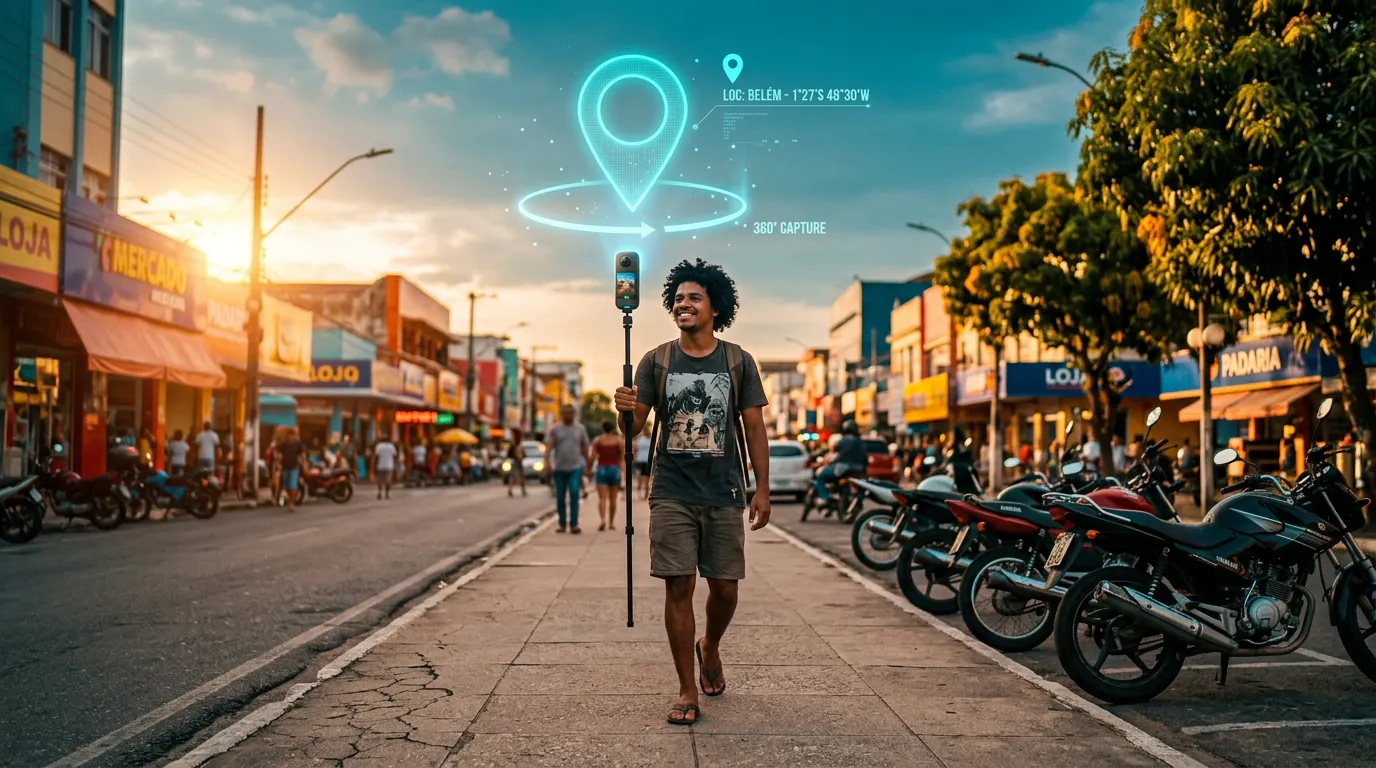 Rapaz caminhando numa rua comercial com uma câmera 360° no bastão, captando imagens para o Street View