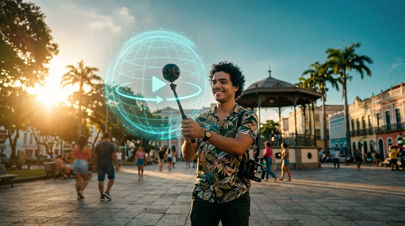 Videomaker gravando um vídeo 360° numa praça da cidade