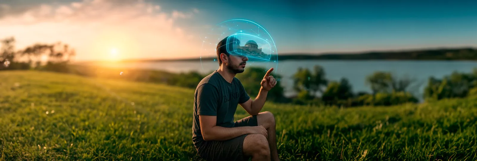 Pessoa usando óculos de realidade virtual para visitar um lugar em 360°